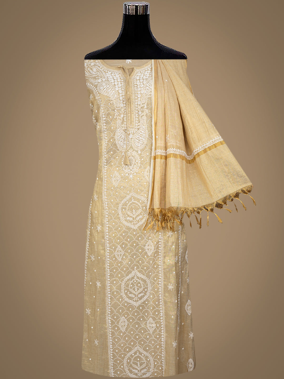 Ada Hand Embroidered Fawn Tissue Lucknowi Chikankari Unstitched Kurta Dupatta Set With Pearl Work 01A996345