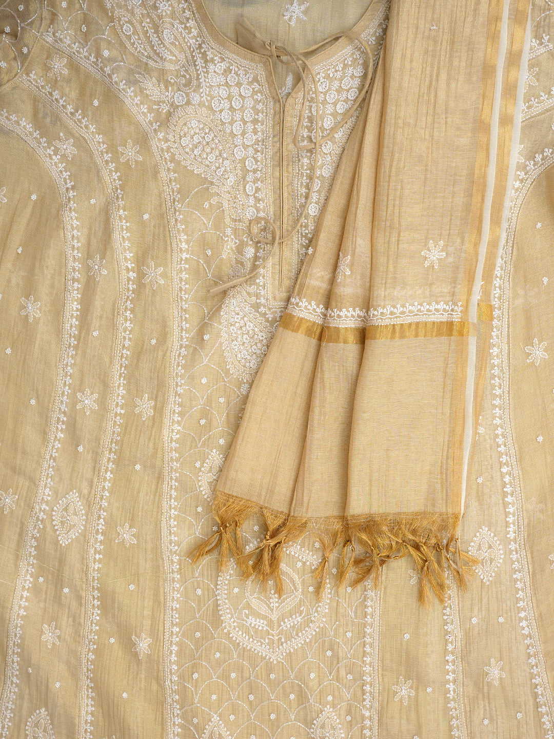 Ada Hand Embroidered Fawn Tissue Lucknowi Chikankari Unstitched Kurta Dupatta Set With Pearl Work 01A996345