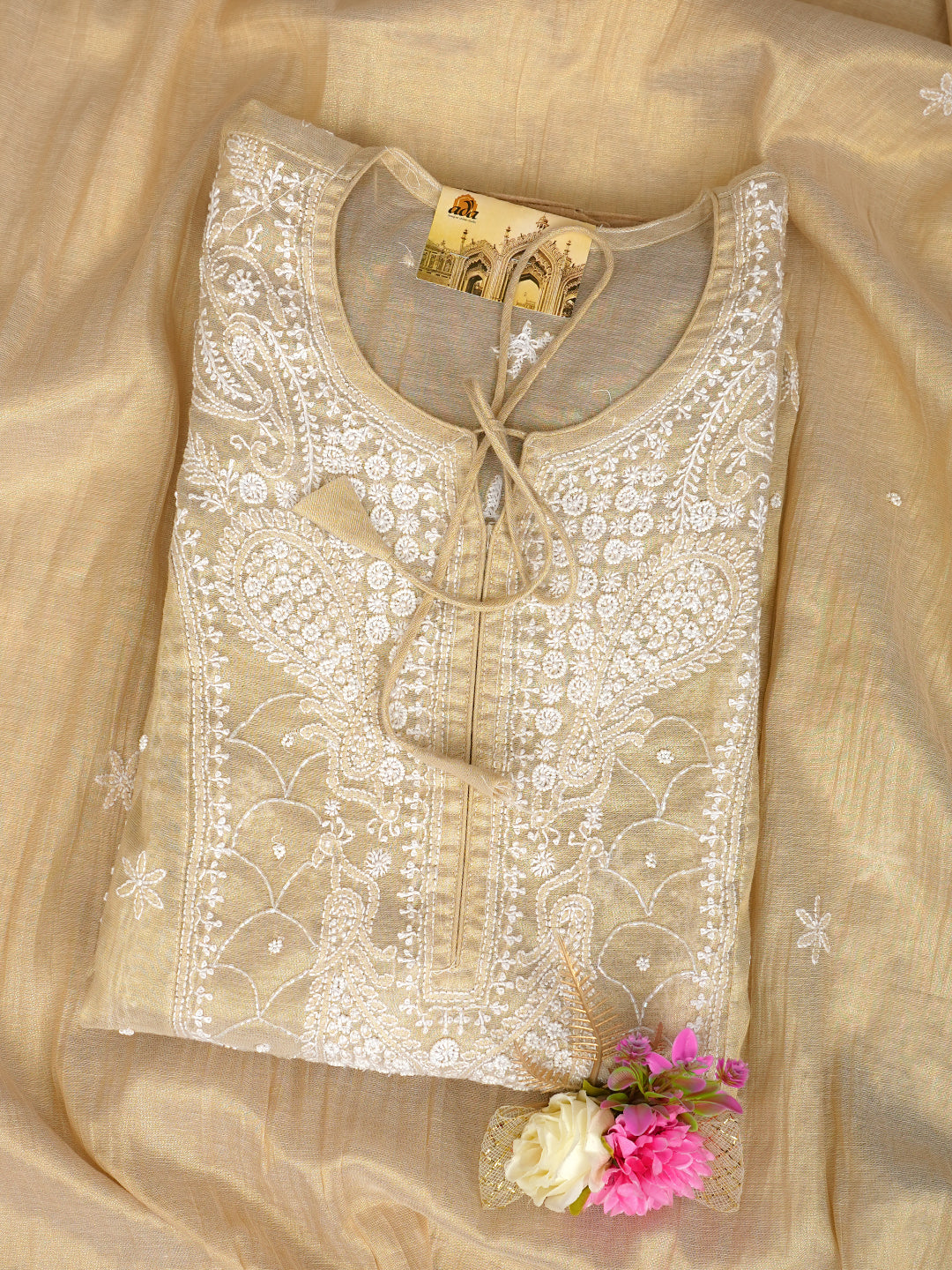 Ada Hand Embroidered Fawn Tissue Lucknowi Chikankari Unstitched Kurta Dupatta Set With Pearl Work 01A996345