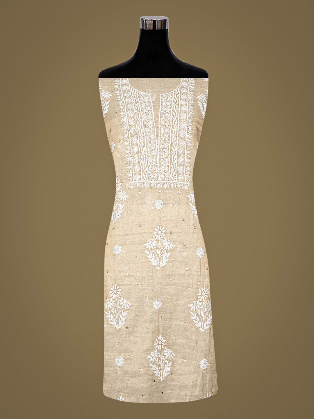 Ada Hand Embroidered Fawn Tissue Lucknowi Chikankari Unstitched Kurta Dupatta Set With Zari Taar Work 01A977618