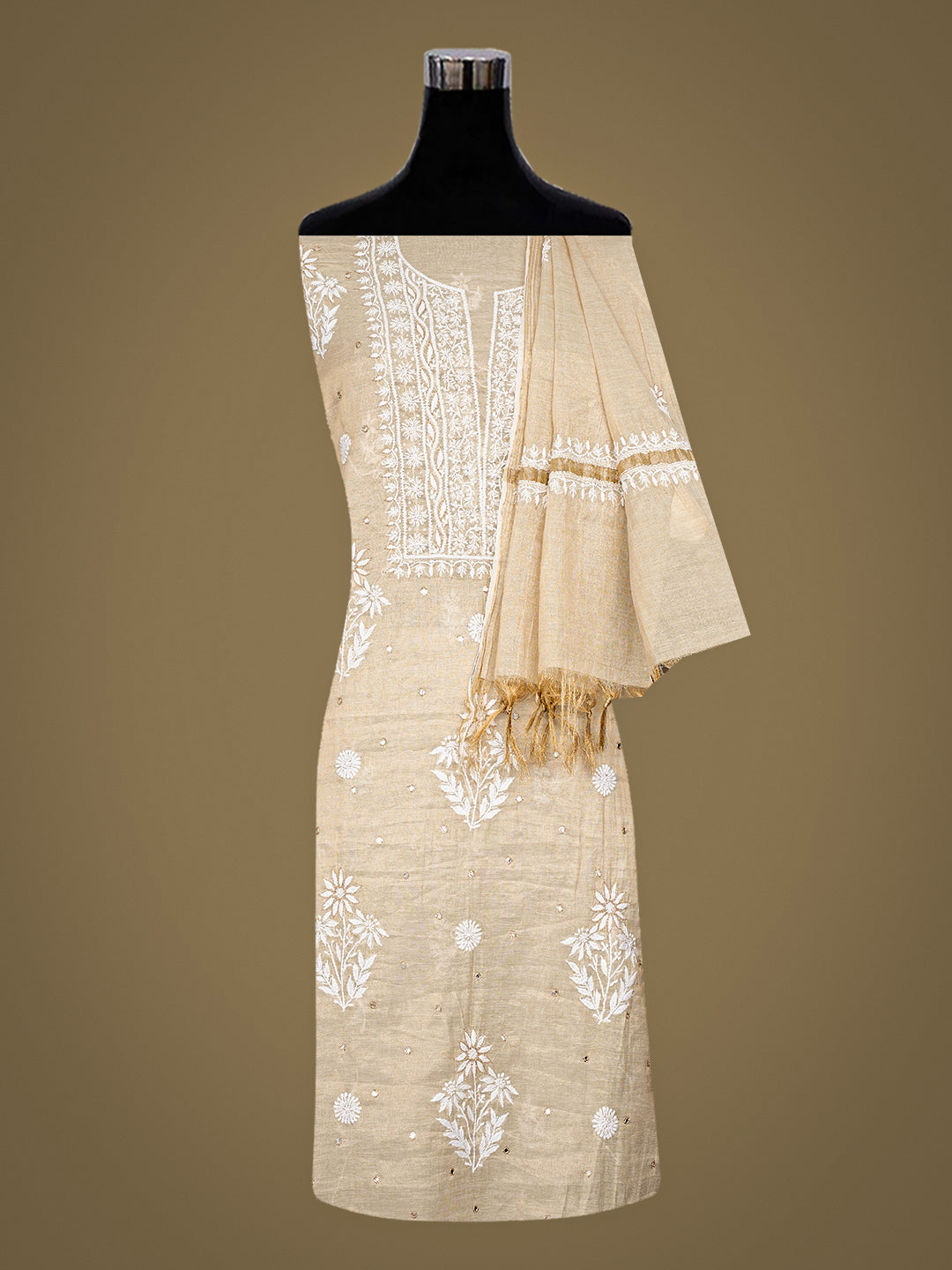 Ada Hand Embroidered Fawn Tissue Lucknowi Chikankari Unstitched Kurta Dupatta Set With Zari Taar Work 01A977618