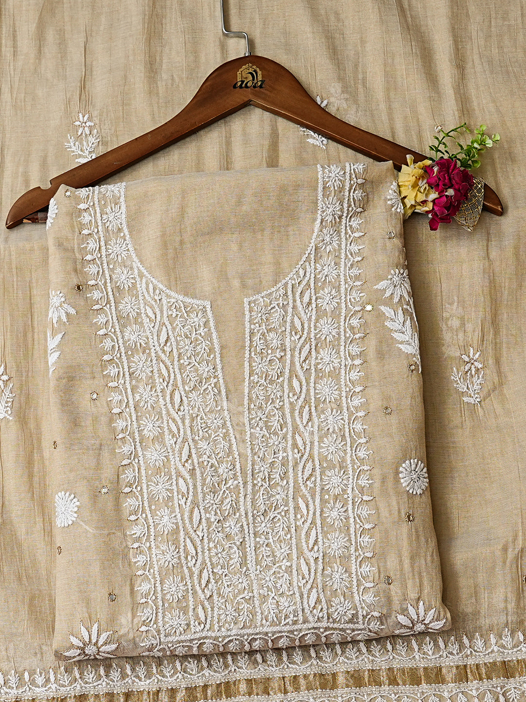 Ada Hand Embroidered Fawn Tissue Lucknowi Chikankari Unstitched Kurta Dupatta Set With Zari Taar Work 01A977618