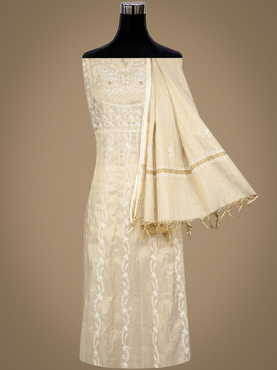 Ada Hand Embroidered Fawn Tissue Lucknowi Chikankari Unstitched Kurta Dupatta Set With Zari Work 07A500068