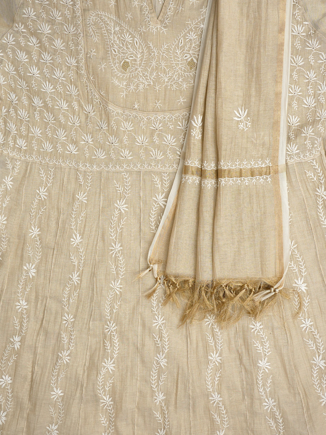Ada Hand Embroidered Fawn Tissue Lucknowi Chikankari Unstitched Kurta Dupatta Set With Zari Work 07A500068