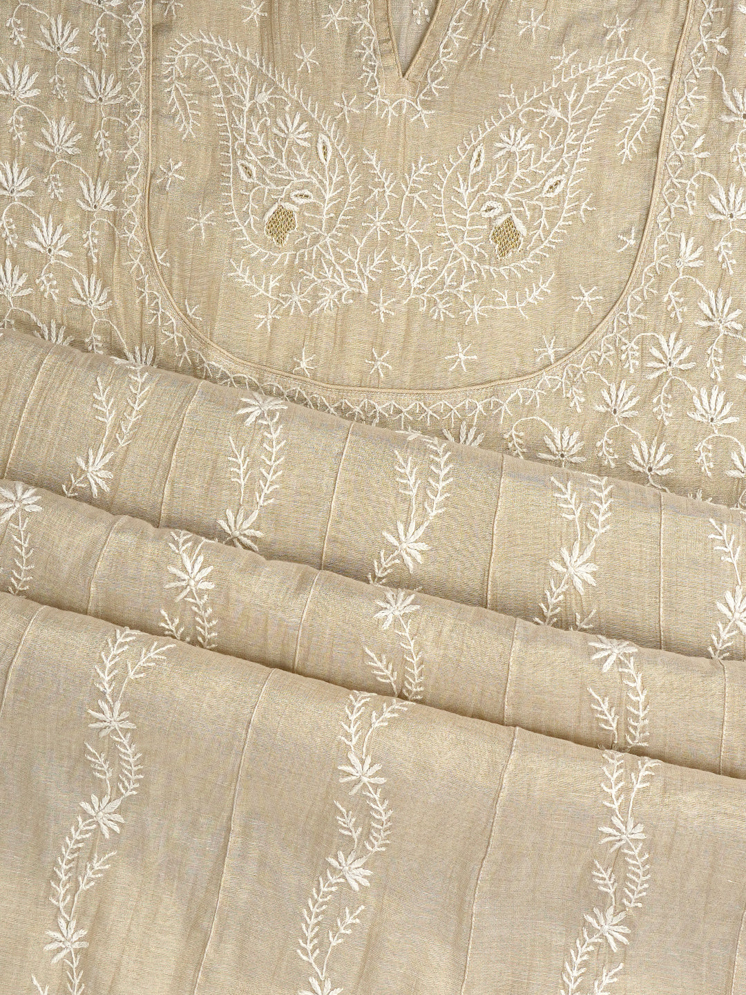 Ada Hand Embroidered Fawn Tissue Lucknowi Chikankari Unstitched Kurta Dupatta Set With Zari Work 07A500068