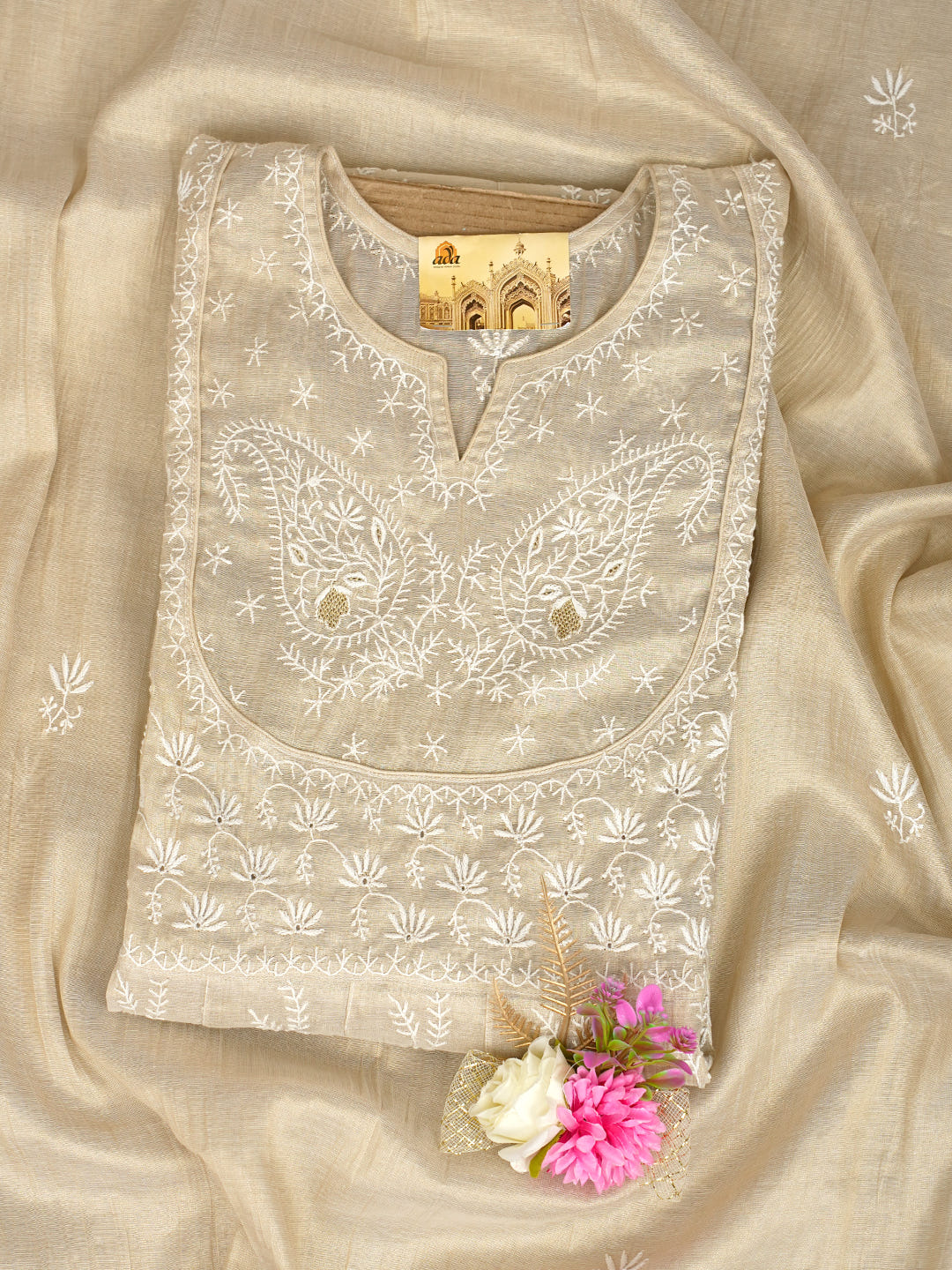 Ada Hand Embroidered Fawn Tissue Lucknowi Chikankari Semi-Stitched Kurta Dupatta Set With Zari Work 07A500068