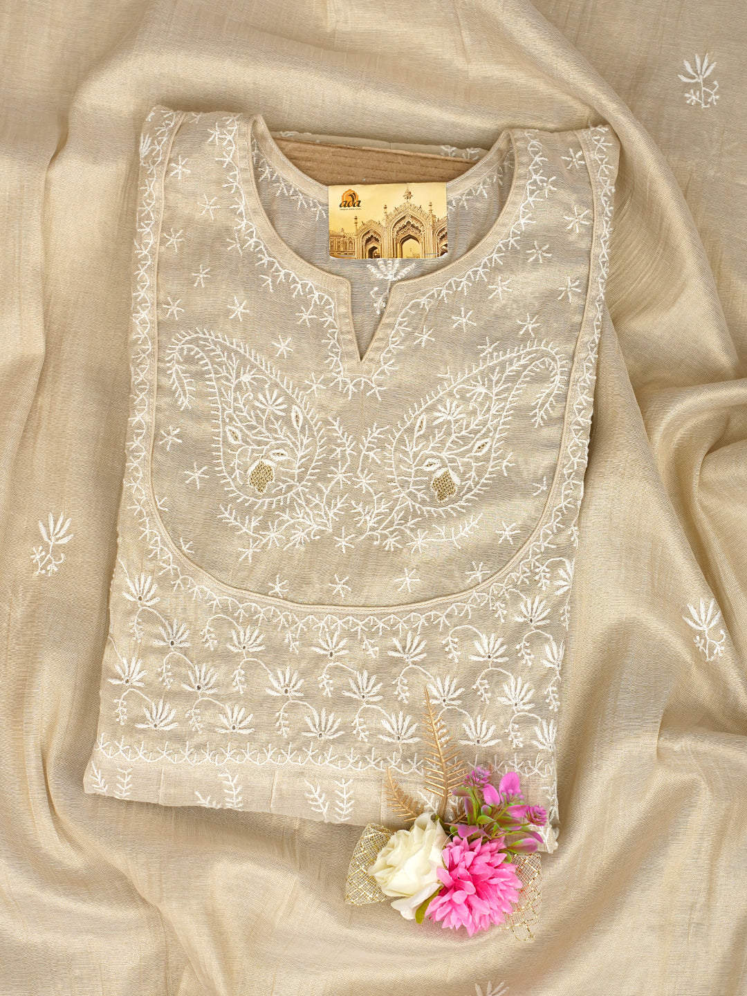 Ada Hand Embroidered Fawn Tissue Lucknowi Chikankari Unstitched Kurta Dupatta Set With Zari Work 07A500068
