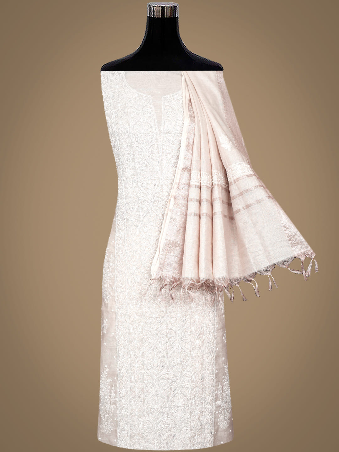 Ada Hand Embroidered Fawn Tissue Lucknowi Chikankari Unstitched Kurta Dupatta Set With Cutdana Work 01A1003694