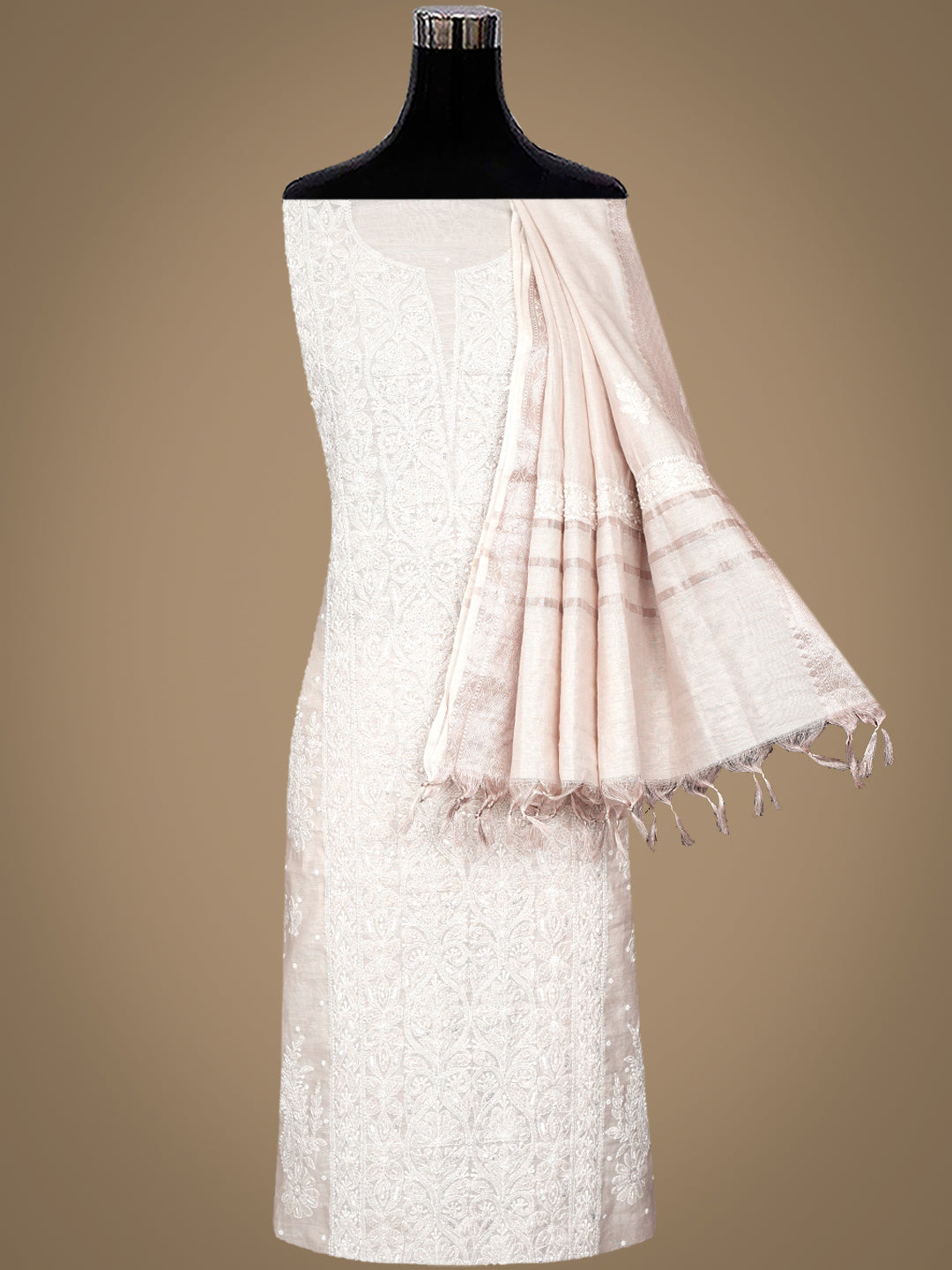 Ada Hand Embroidered Fawn Tissue Lucknowi Chikankari Unstitched Kurta Dupatta With Cutdana Work 01A1003694
