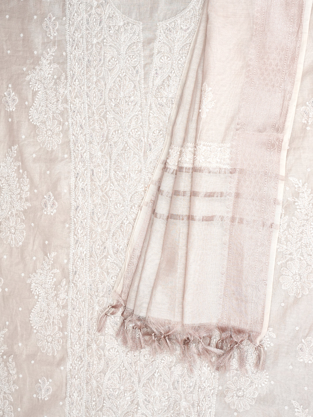 Ada Hand Embroidered Fawn Tissue Lucknowi Chikankari Unstitched Kurta Dupatta With Cutdana Work 01A1003694