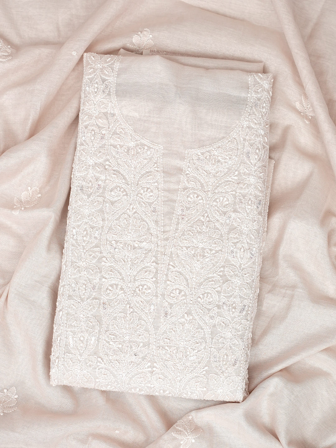 Ada Hand Embroidered Fawn Tissue Lucknowi Chikankari Unstitched Kurta Dupatta Set With Cutdana Work 01A1003694