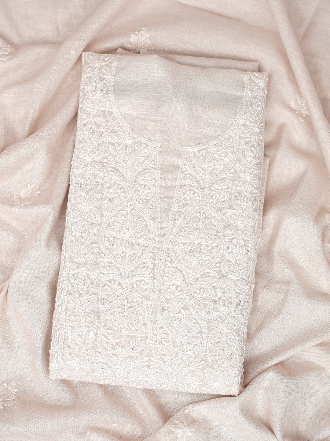 Ada Hand Embroidered Fawn Tissue Lucknowi Chikankari Unstitched Kurta Dupatta With Cutdana Work 01A1003694