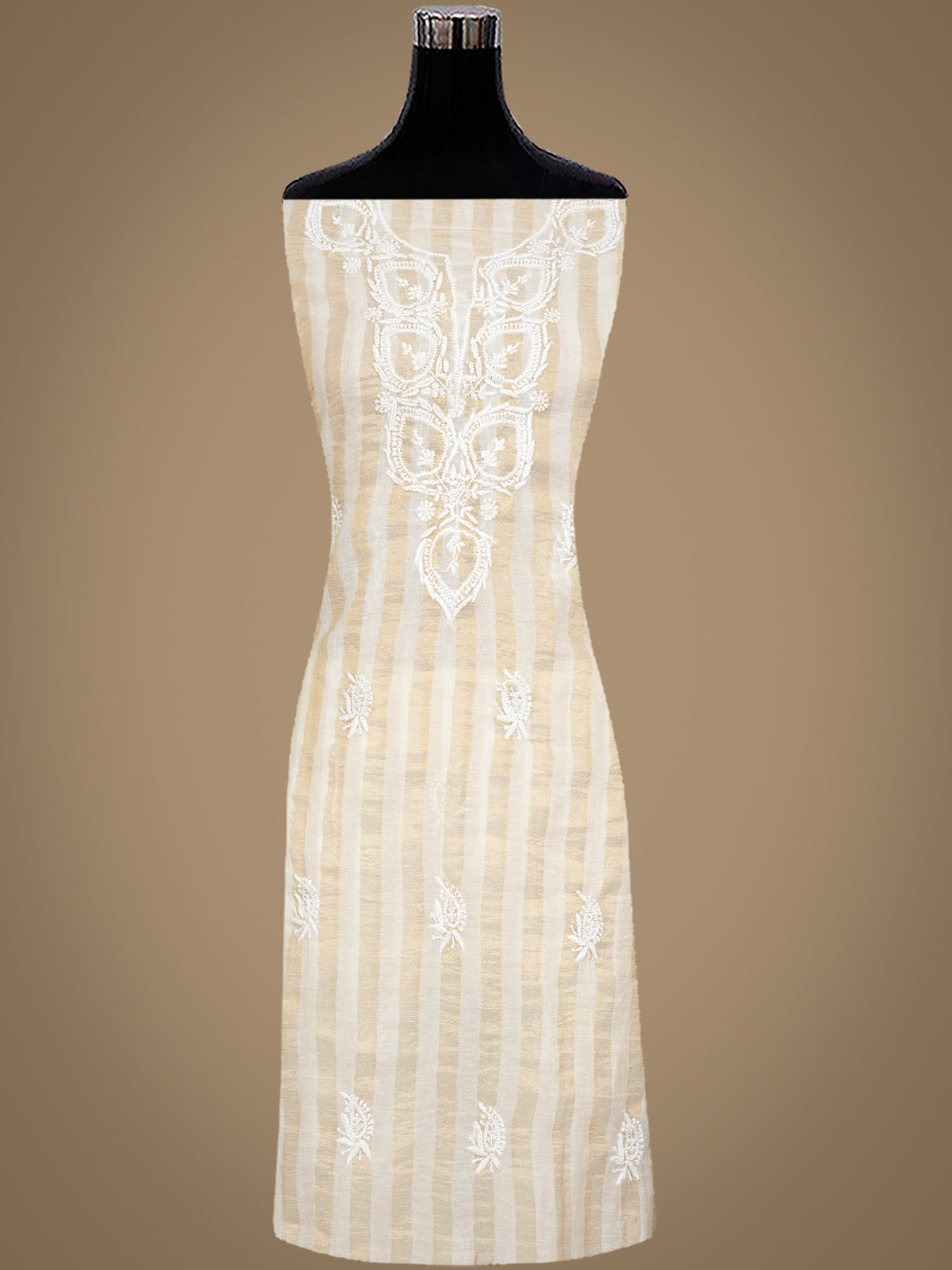 Ada Hand Embroidered Fawn Tissue Lucknowi Chikankari Unstitched Kurta Dupatta set 01A793099