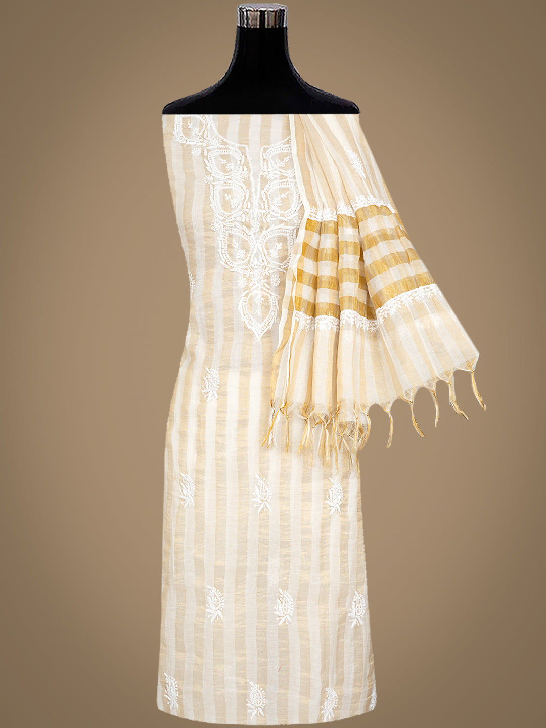 Ada Hand Embroidered Fawn Tissue Lucknowi Chikankari Unstitched Kurta Dupatta set 01A793099