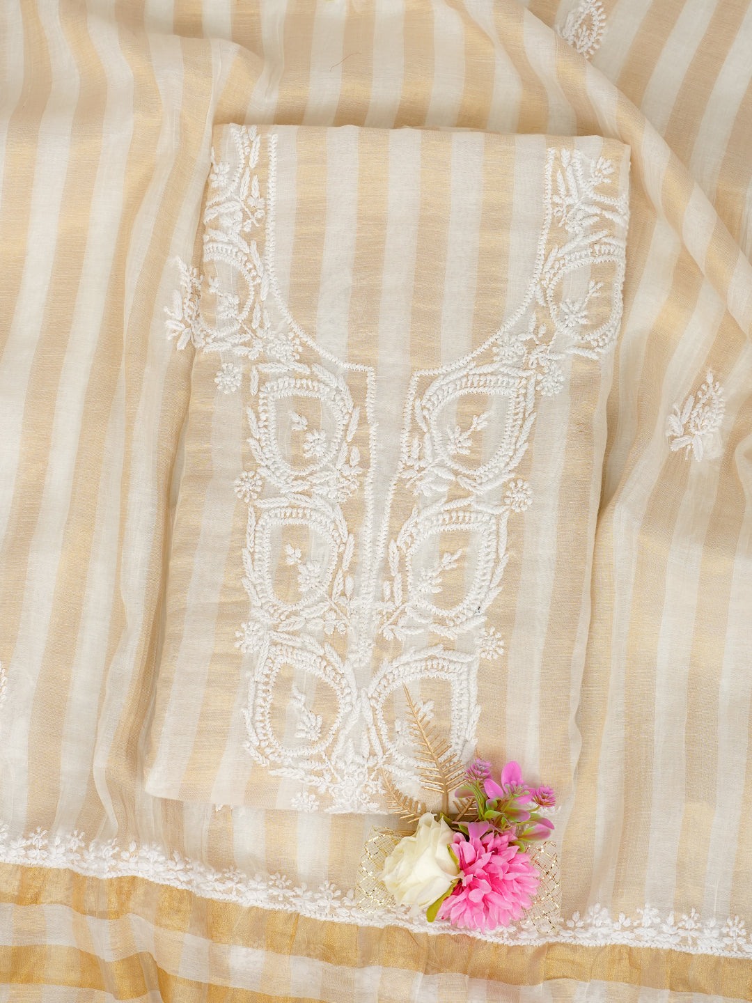Ada Hand Embroidered Fawn Tissue Lucknowi Chikankari Unstitched Kurta Dupatta set 01A793099