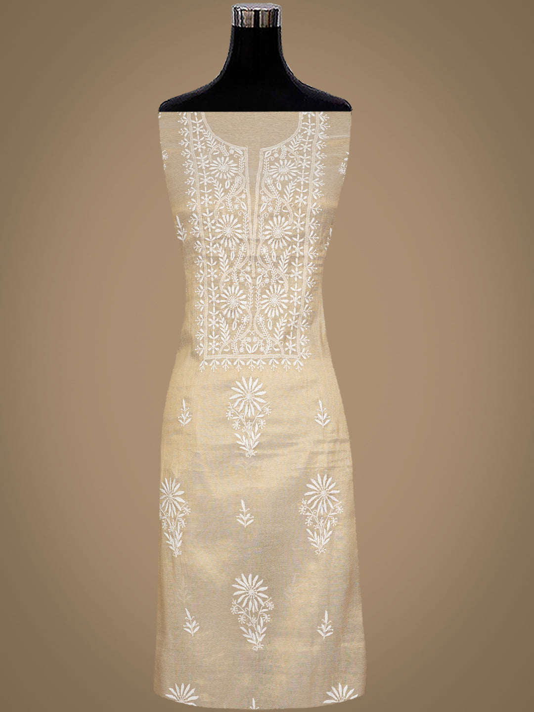 Ada Hand Embroidered Fawn Tissue Lucknowi Chikankari Unstitched Kurta Dupatta set 07A502209