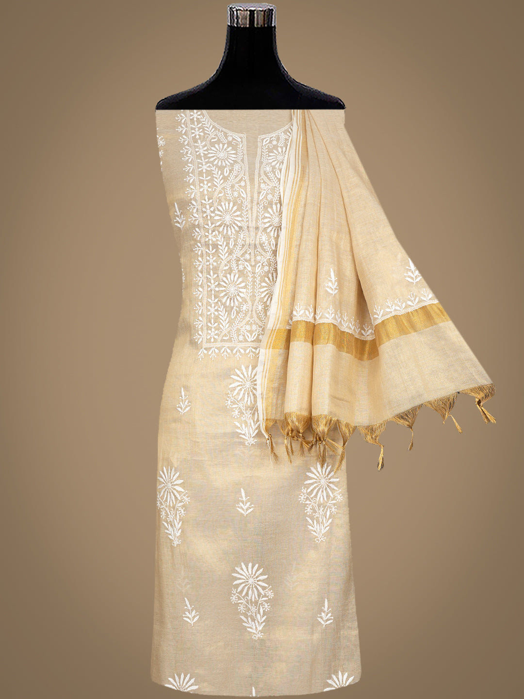 Ada Hand Embroidered Fawn Tissue Lucknowi Chikankari Unstitched Kurta Dupatta set 07A502209