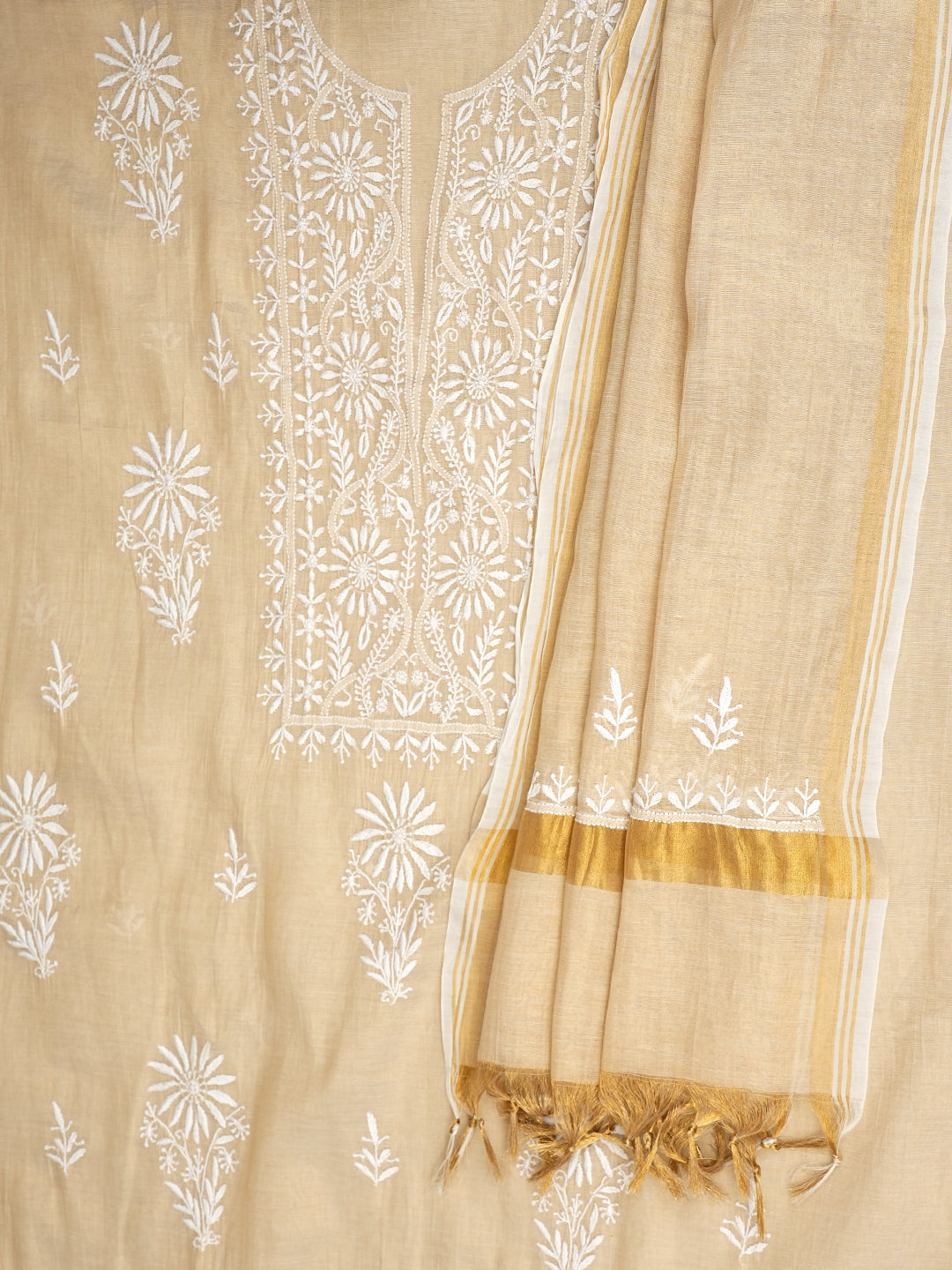 Ada Hand Embroidered Fawn Tissue Lucknowi Chikankari Unstitched Kurta Dupatta set 07A502209