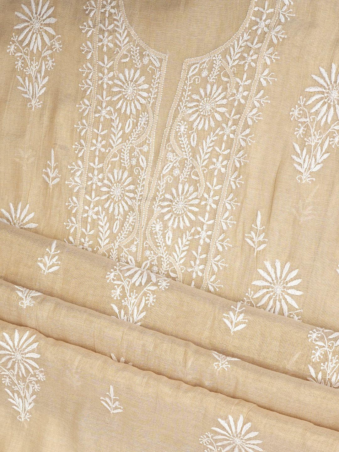 Ada Hand Embroidered Fawn Tissue Lucknowi Chikankari Unstitched Kurta Dupatta set 07A502209