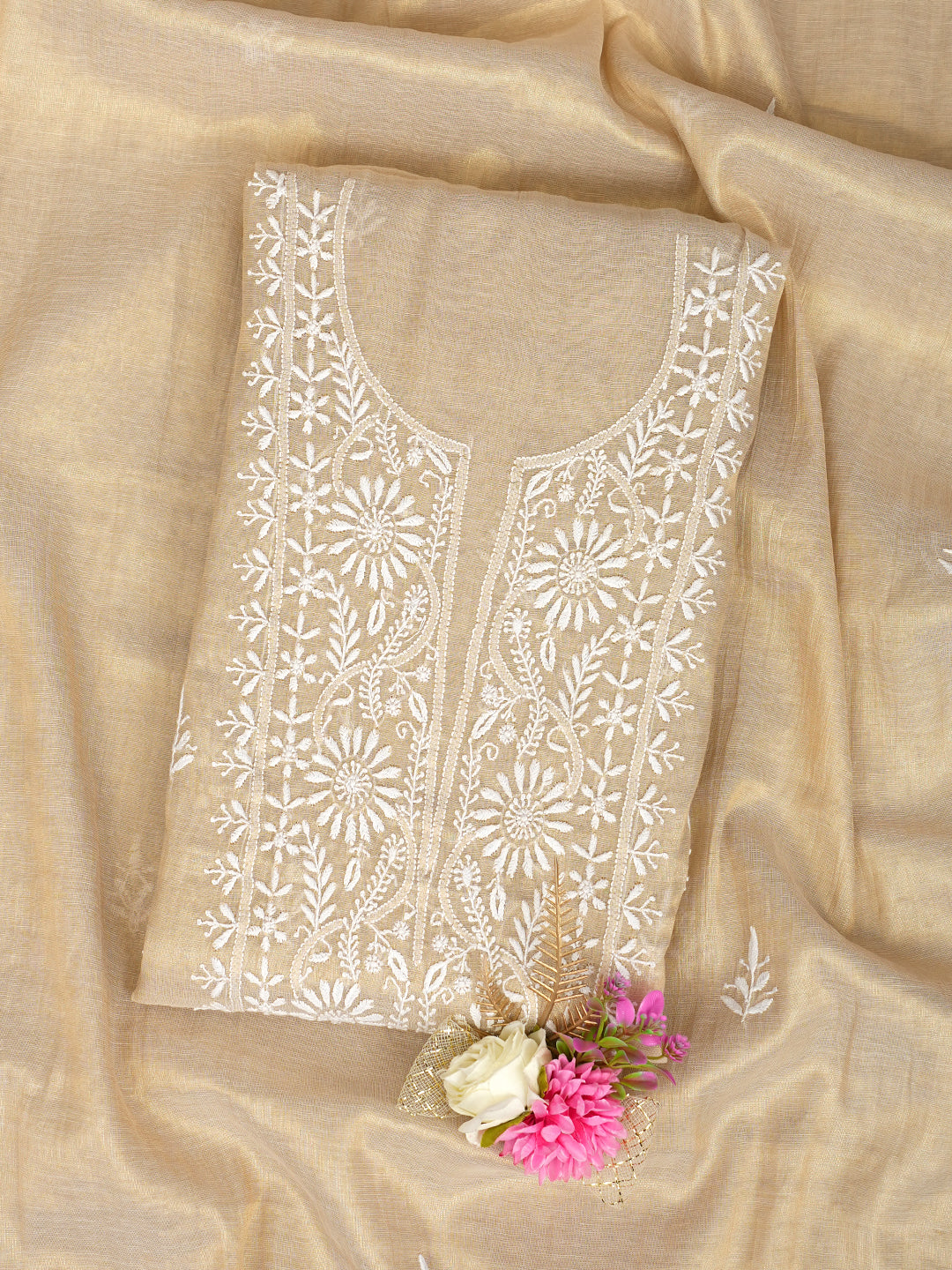 Ada Hand Embroidered Fawn Tissue Lucknowi Chikankari Unstitched Kurta Dupatta set 07A502209