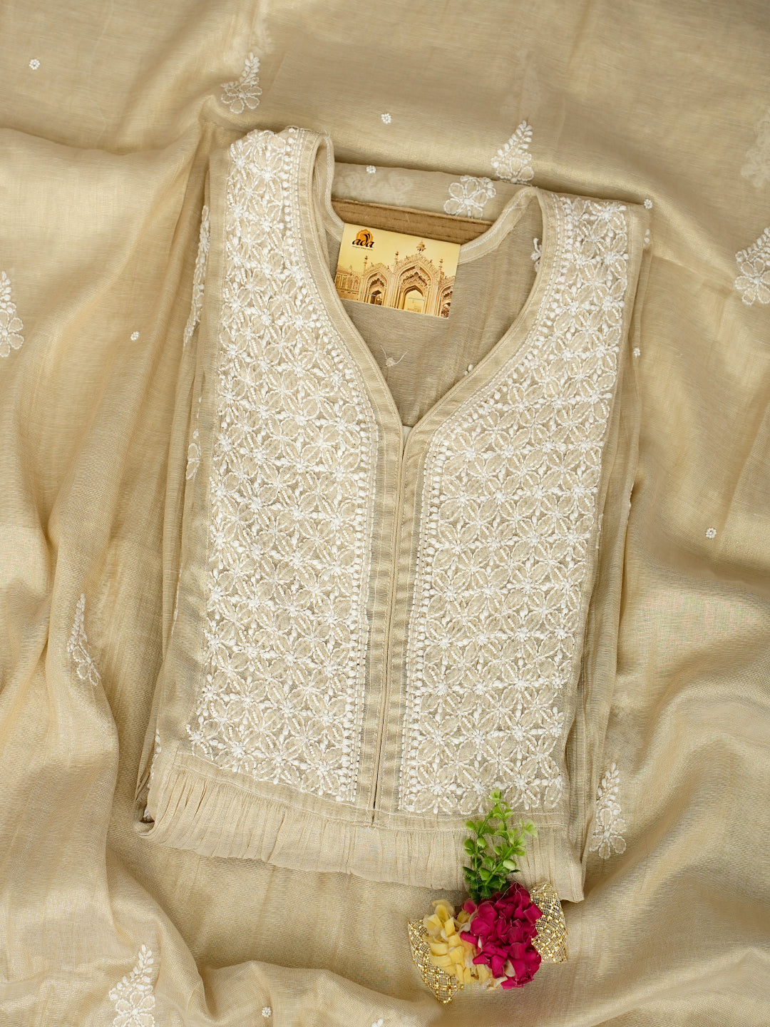 Ada Hand Embroidered Fawn Tissue Lucknowi Chikankari Unstitched Kurta Dupatta set with Cutdana & Pearl Work 01A990617