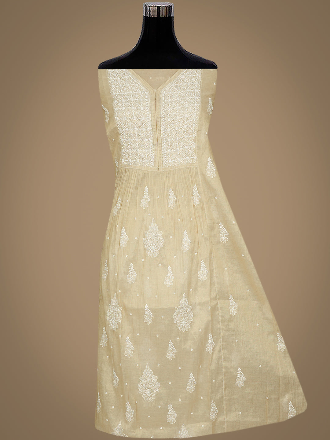 Ada Hand Embroidered Fawn Tissue Lucknowi Chikankari Unstitched Kurta Dupatta set with Cutdana & Pearl Work 01A990617