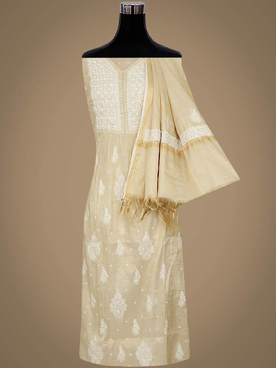 Ada Hand Embroidered Fawn Tissue Lucknowi Chikankari Unstitched Kurta Dupatta set with Cutdana & Pearl Work 01A990617