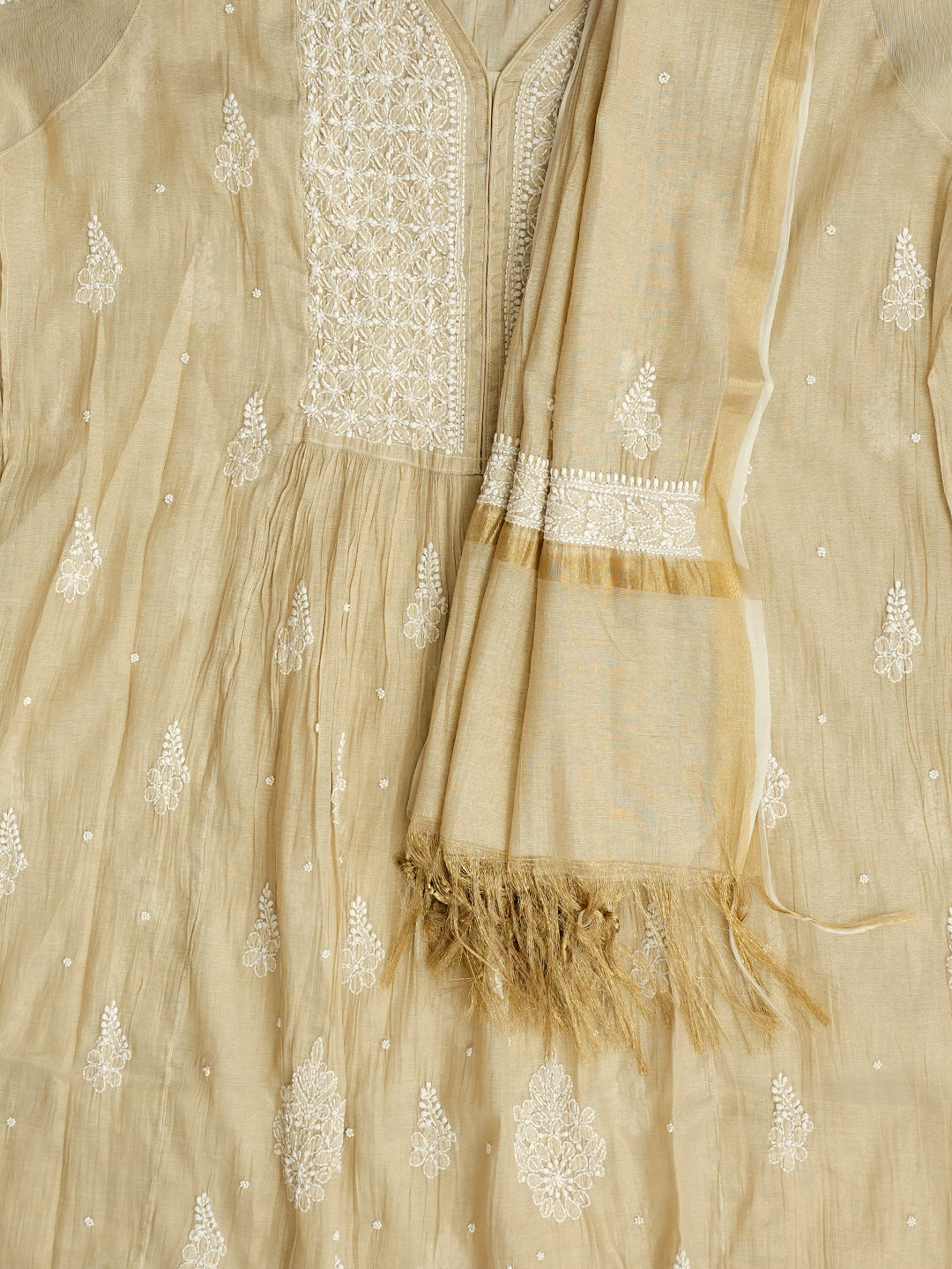 Ada Hand Embroidered Fawn Tissue Lucknowi Chikankari Unstitched Kurta Dupatta set with Cutdana & Pearl Work 01A990617