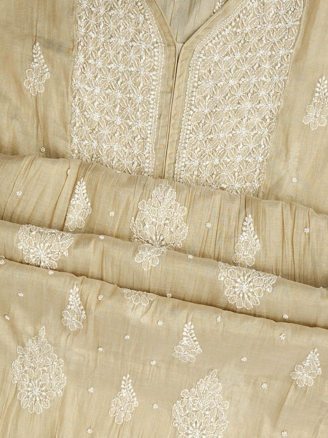 Ada Hand Embroidered Fawn Tissue Lucknowi Chikankari Unstitched Kurta Dupatta set with Cutdana & Pearl Work 01A990617