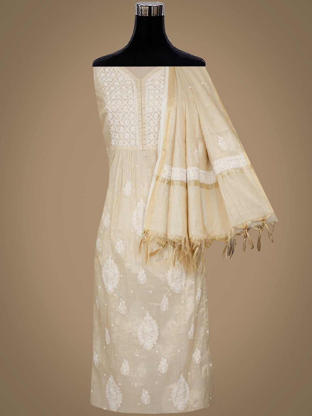 Ada Hand Embroidered Fawn Tissue Lucknowi Chikankari Unstitched Kurta Dupatta set with Pearl & Cutdana Work 01A990625