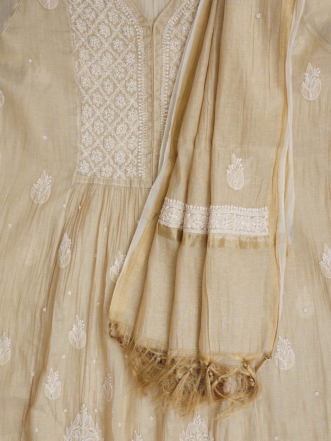 Ada Hand Embroidered Fawn Tissue Lucknowi Chikankari Unstitched Kurta Dupatta set with Pearl & Cutdana Work 01A990625