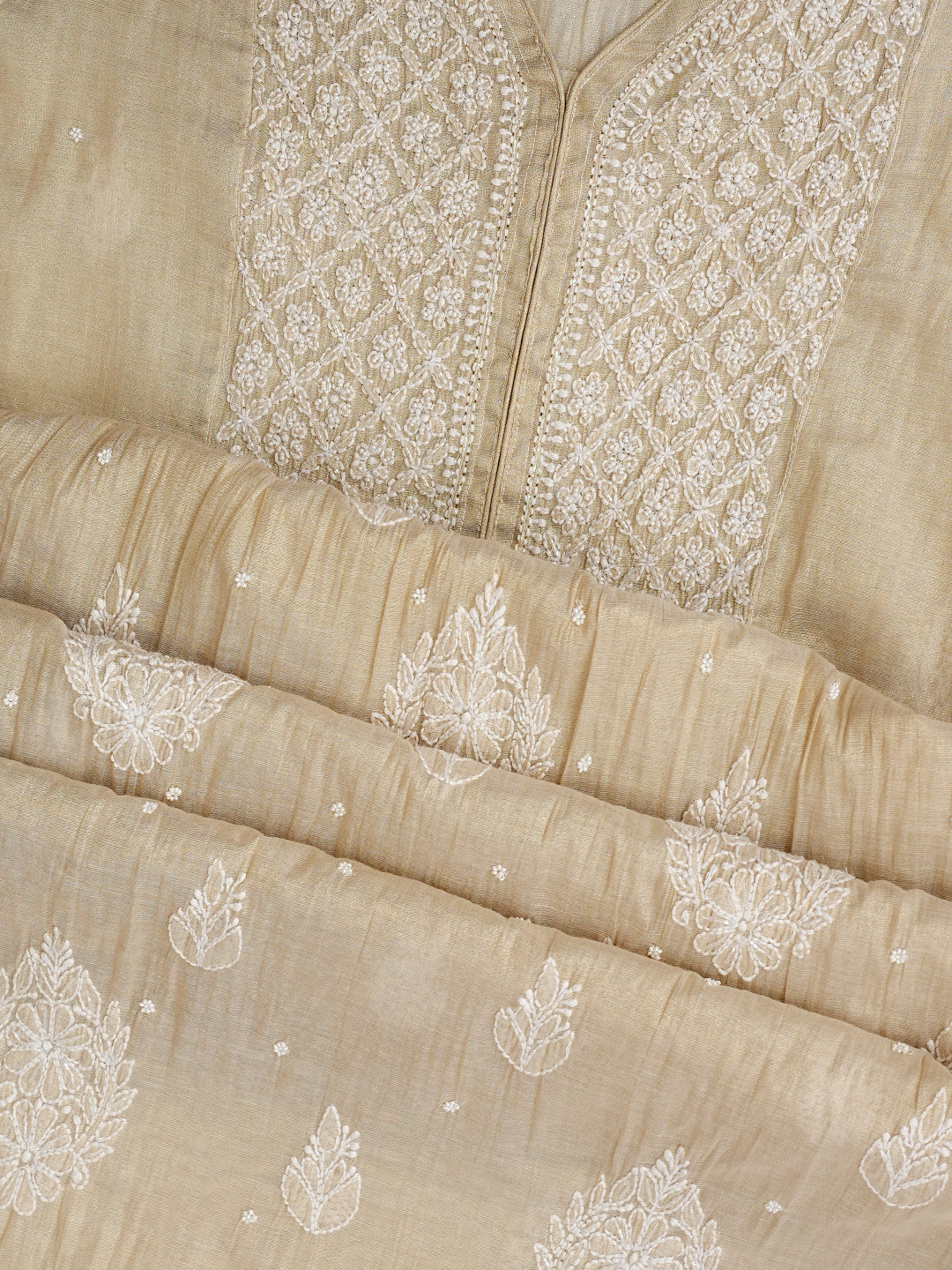 Ada Hand Embroidered Fawn Tissue Lucknowi Chikankari Unstitched Kurta Dupatta set with Pearl & Cutdana Work 01A990625
