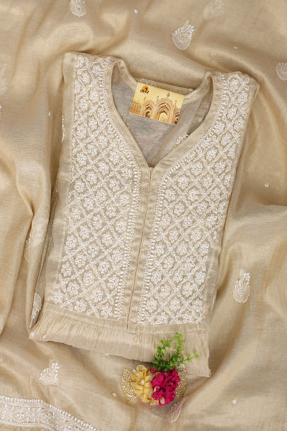 Ada Hand Embroidered Fawn Tissue Lucknowi Chikankari Semi-Stitched Kurta Dupatta Set With Cutdana Work 01A990625
