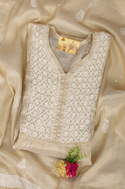 Ada Hand Embroidered Fawn Tissue Lucknowi Chikankari Unstitched Kurta Dupatta set with Pearl & Cutdana Work 01A990625