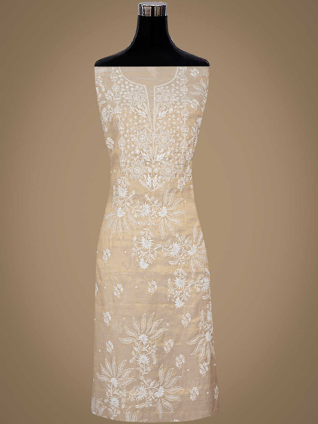 Ada Hand Embroidered Fawn Tissue Lucknowi Chikankari Unstitched Kurta Dupatta set with Pearl work 01A1012773