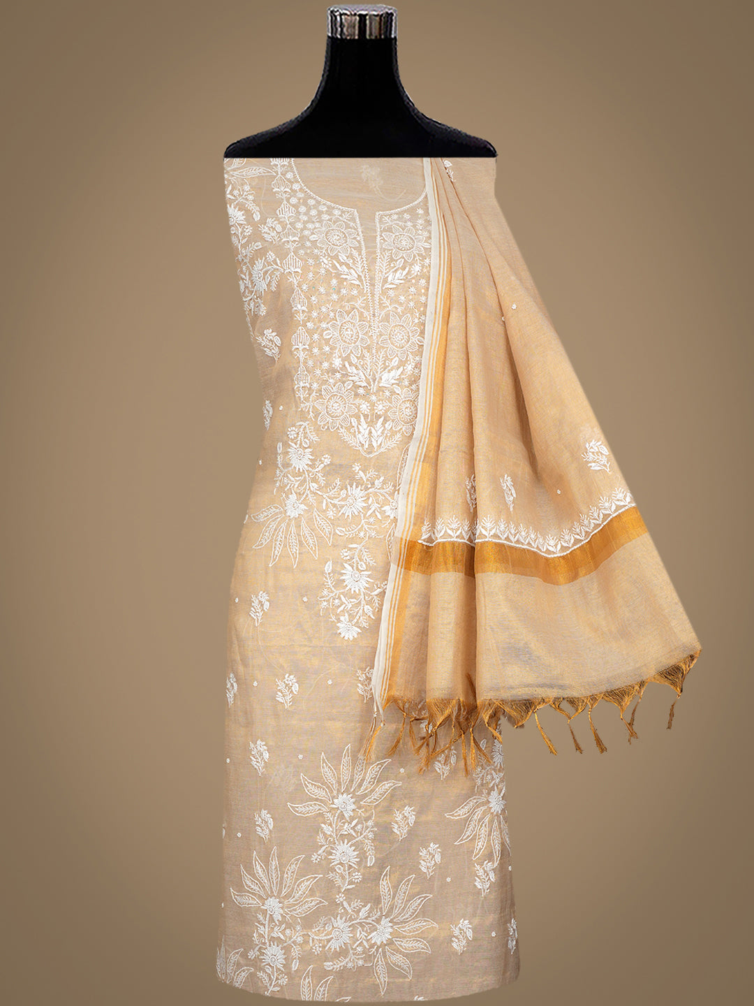 Ada Hand Embroidered Fawn Tissue Lucknowi Chikankari Unstitched Kurta Dupatta set with Pearl work 01A1012773
