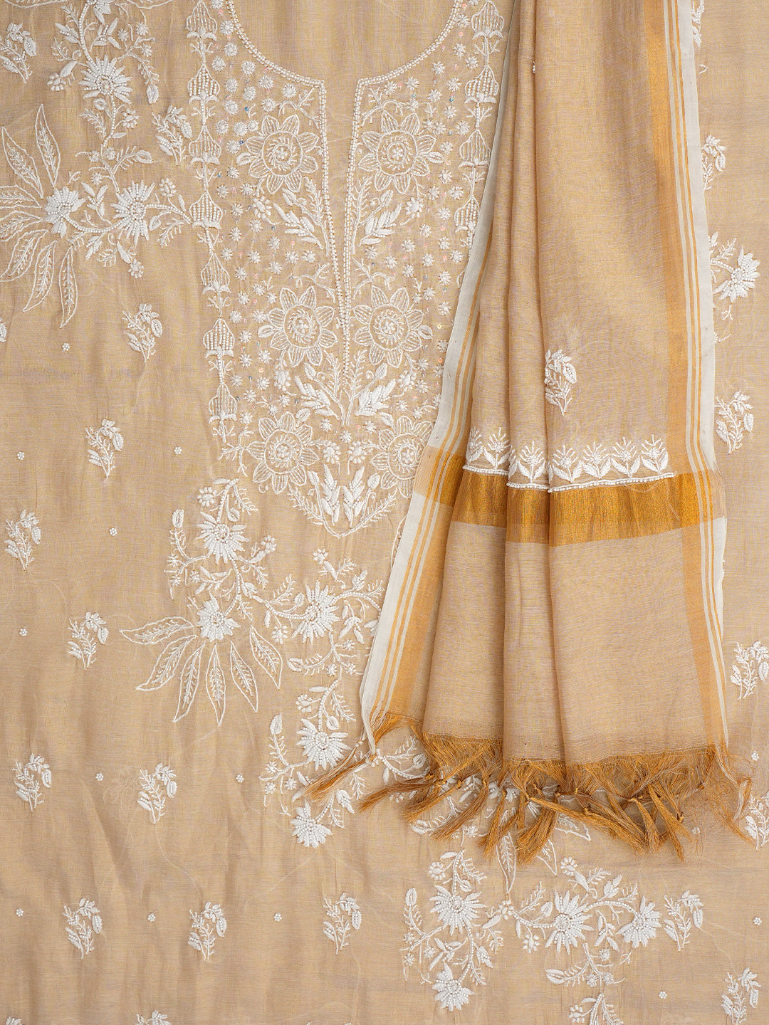 Ada Hand Embroidered Fawn Tissue Lucknowi Chikankari Unstitched Kurta Dupatta set with Pearl work 01A1012773