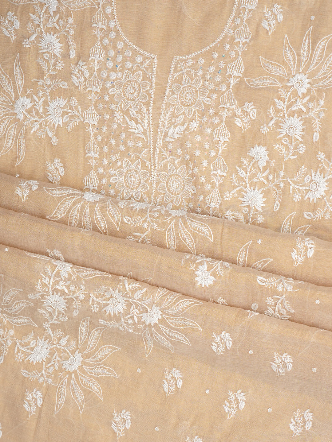 Ada Hand Embroidered Fawn Tissue Lucknowi Chikankari Unstitched Kurta Dupatta set with Pearl work 01A1012773