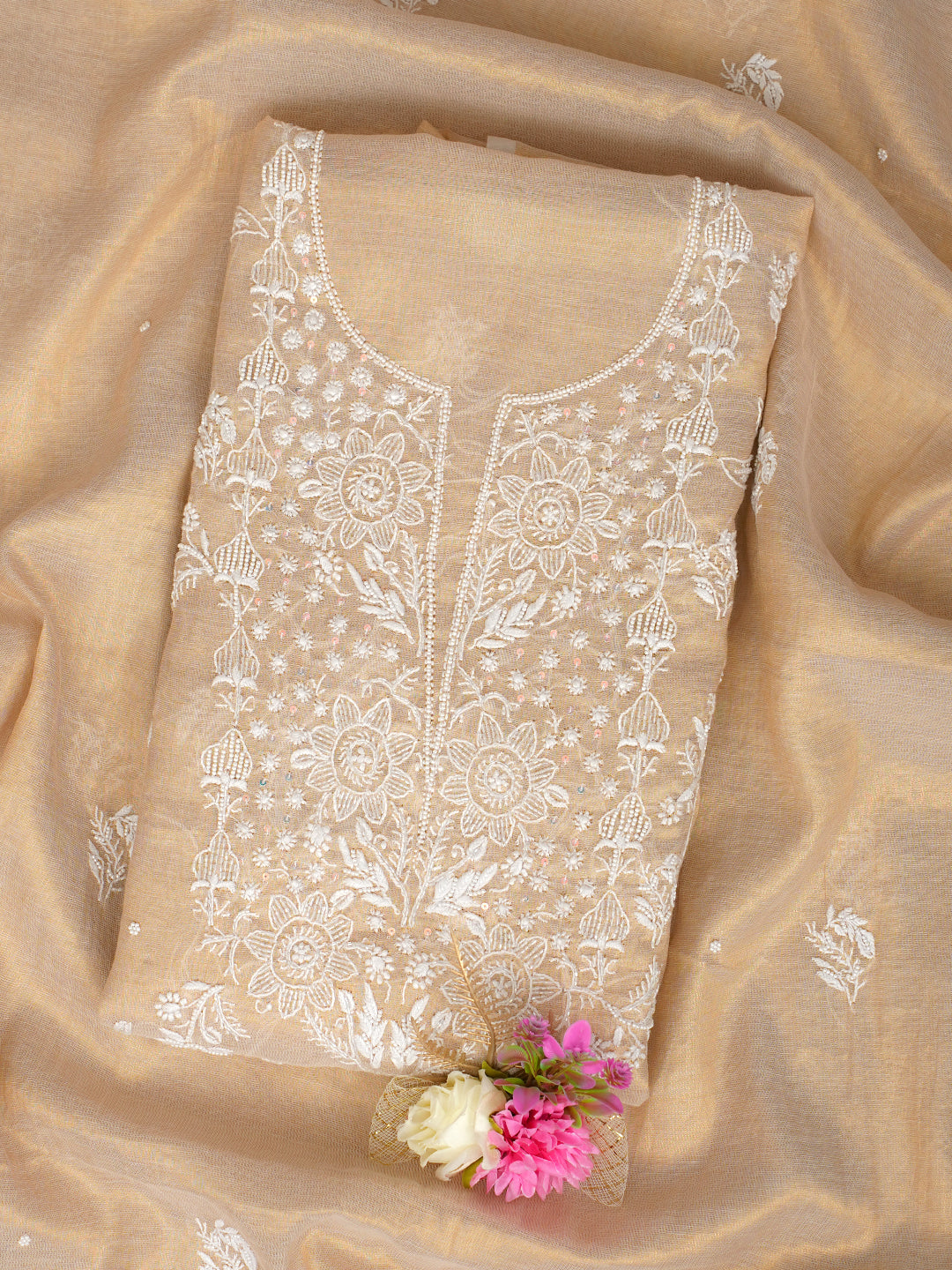 Ada Hand Embroidered Fawn Tissue Lucknowi Chikankari Unstitched Kurta Dupatta set with Pearl work 01A1012773