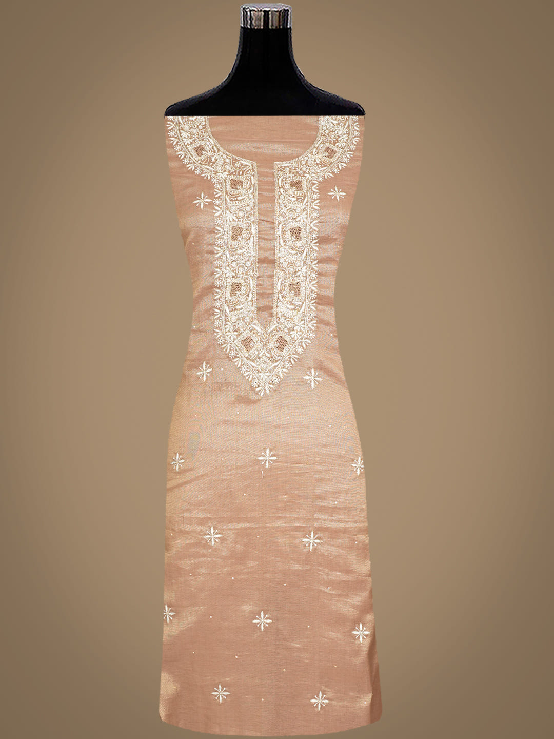 Ada Hand Embroidered Fawn Tissue Lucknowi Chikankari Unstitched Kurta Piece With Sequinned Work 07A500834