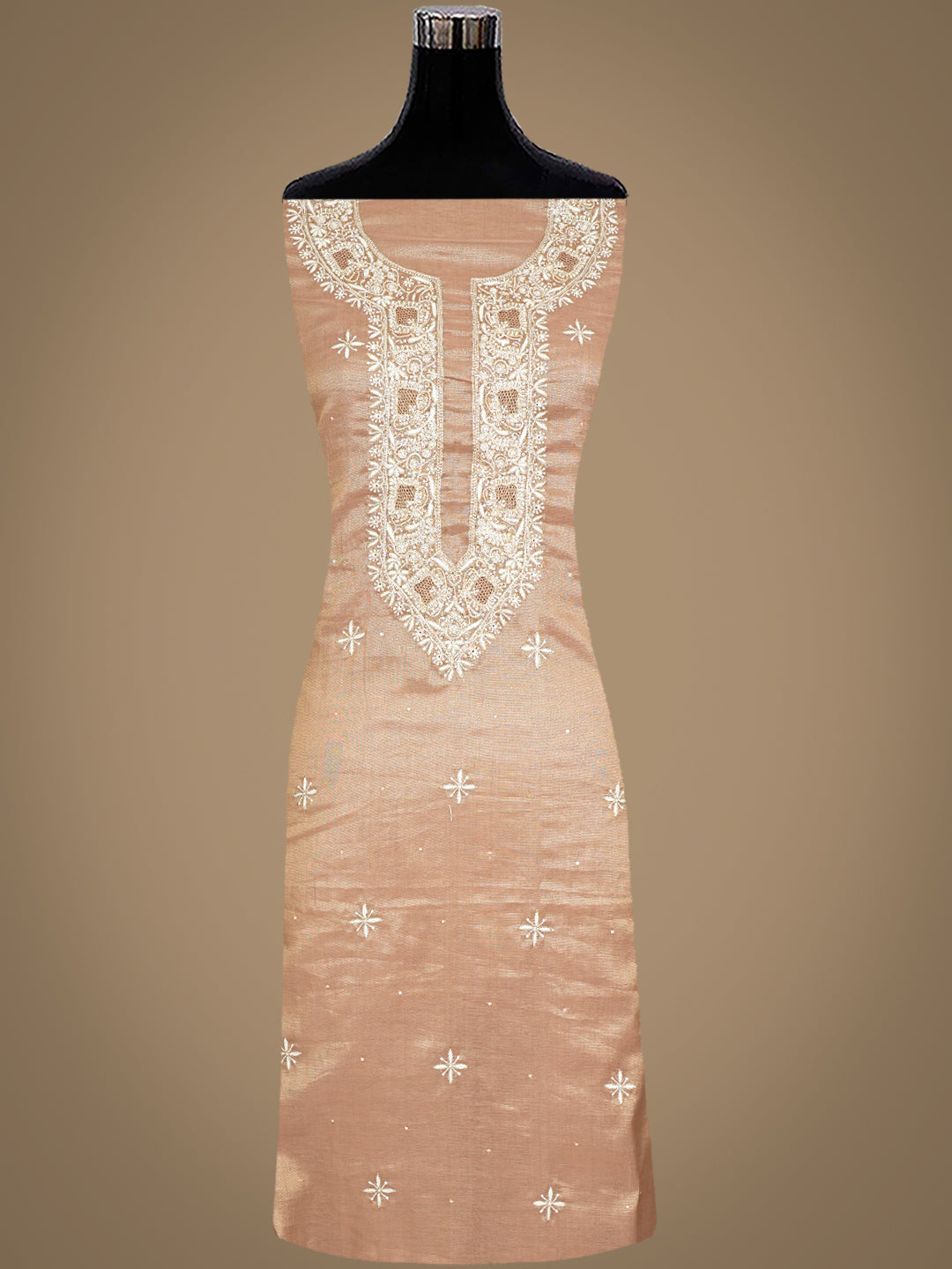 Ada Hand Embroidered Fawn Tissue Lucknowi Chikankari Unstitched Kurta Piece With Sequinned Work 07A500834
