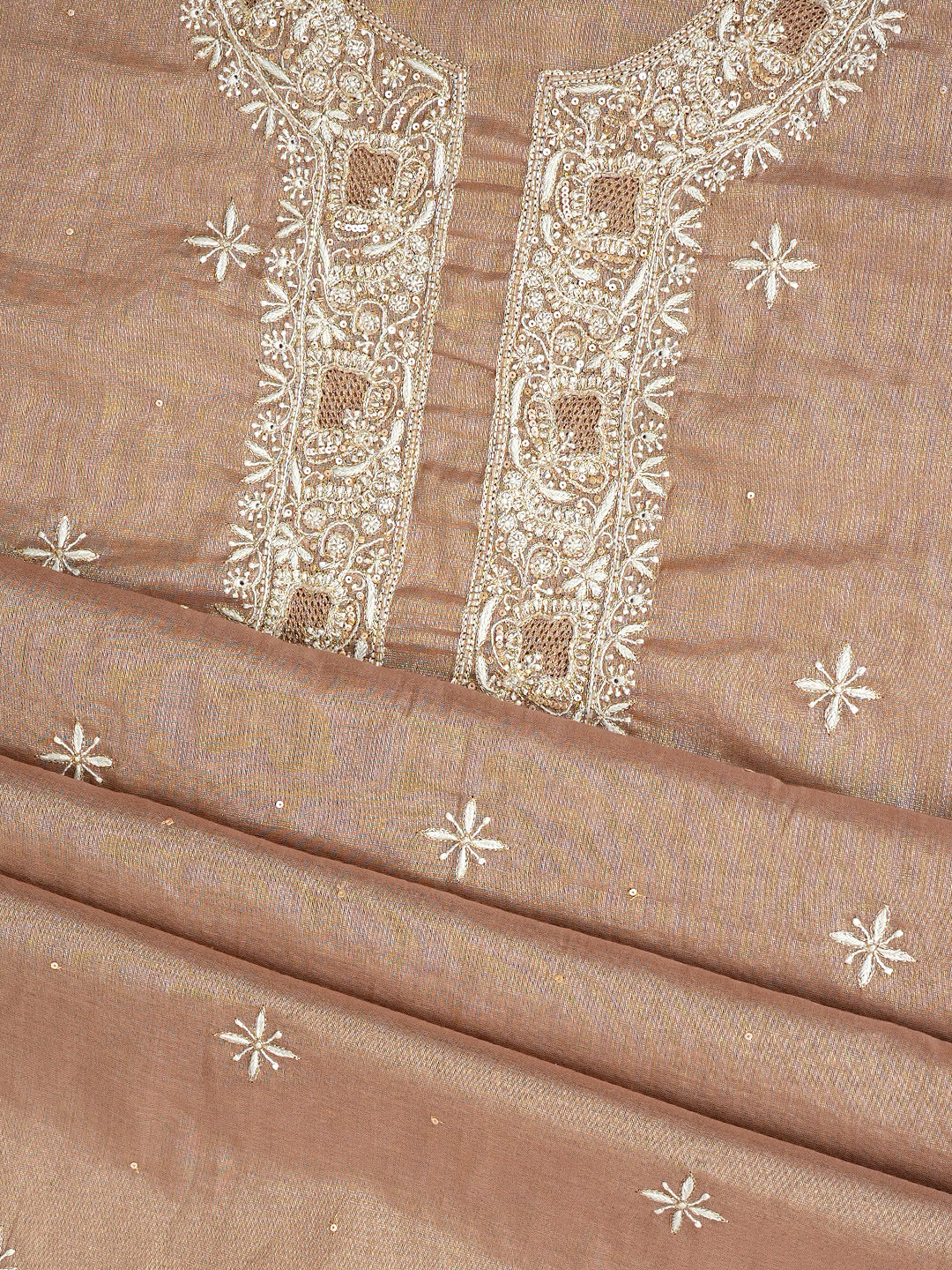Ada Hand Embroidered Fawn Tissue Lucknowi Chikankari Unstitched Kurta Piece With Sequinned Work 07A500834