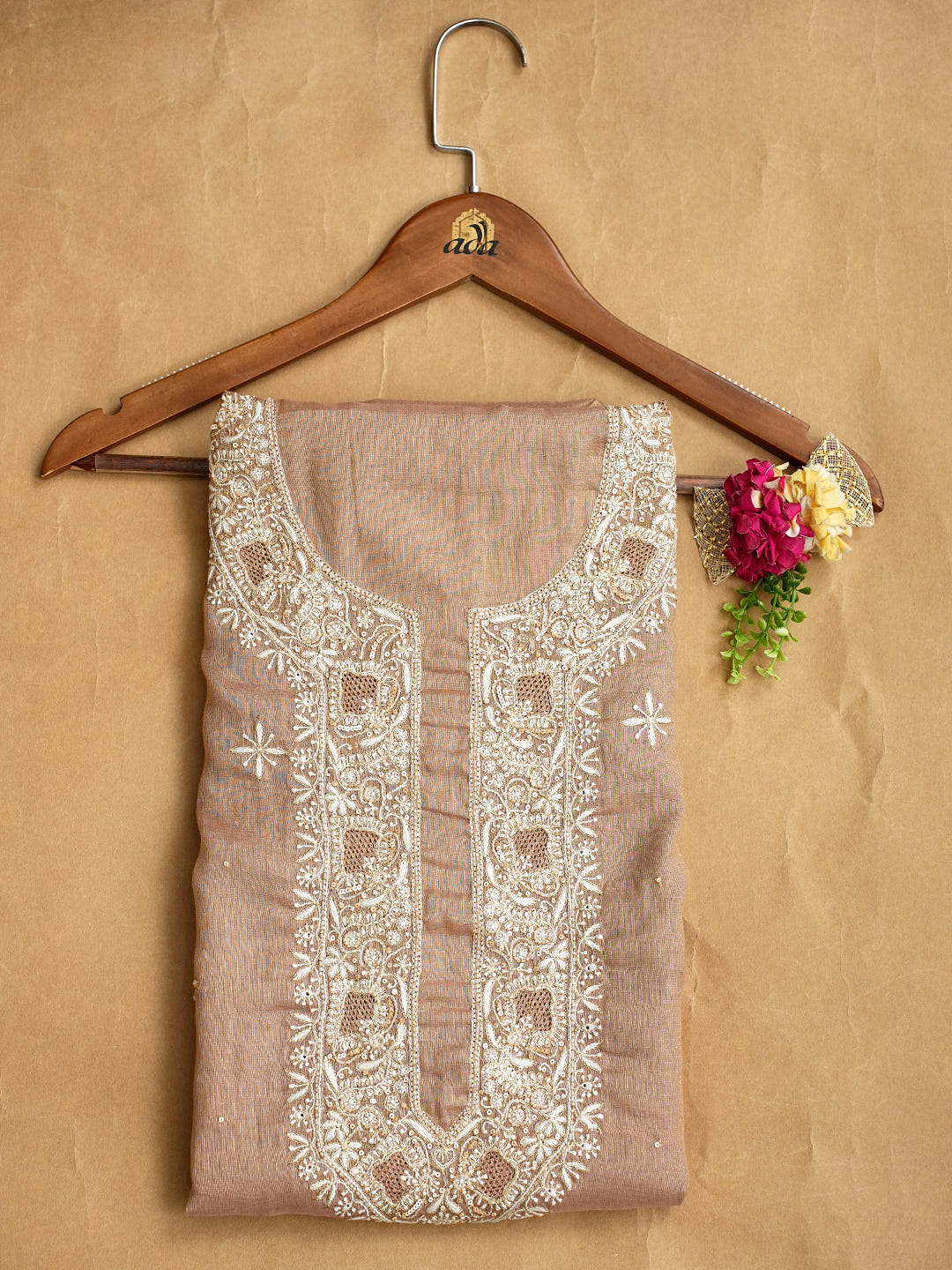 Ada Hand Embroidered Fawn Tissue Lucknowi Chikankari Unstitched Kurta Piece With Sequinned Work 07A500834
