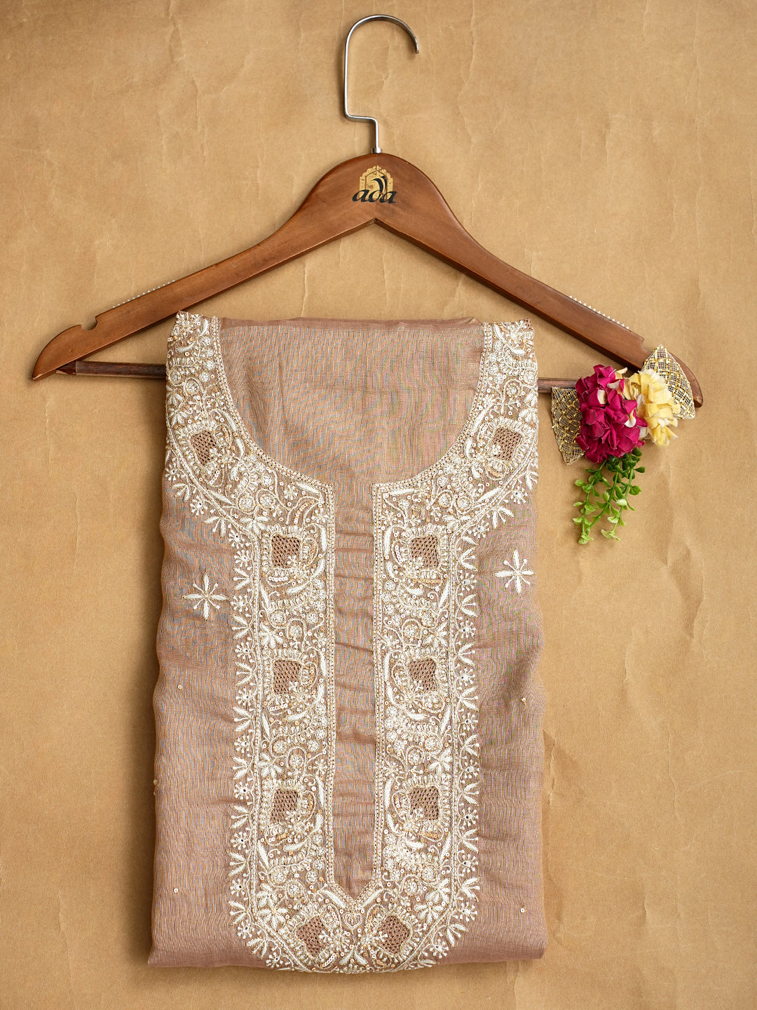 Ada Hand Embroidered Fawn Tissue Lucknowi Chikankari Unstitched Kurta Piece With Sequinned Work 07A500834