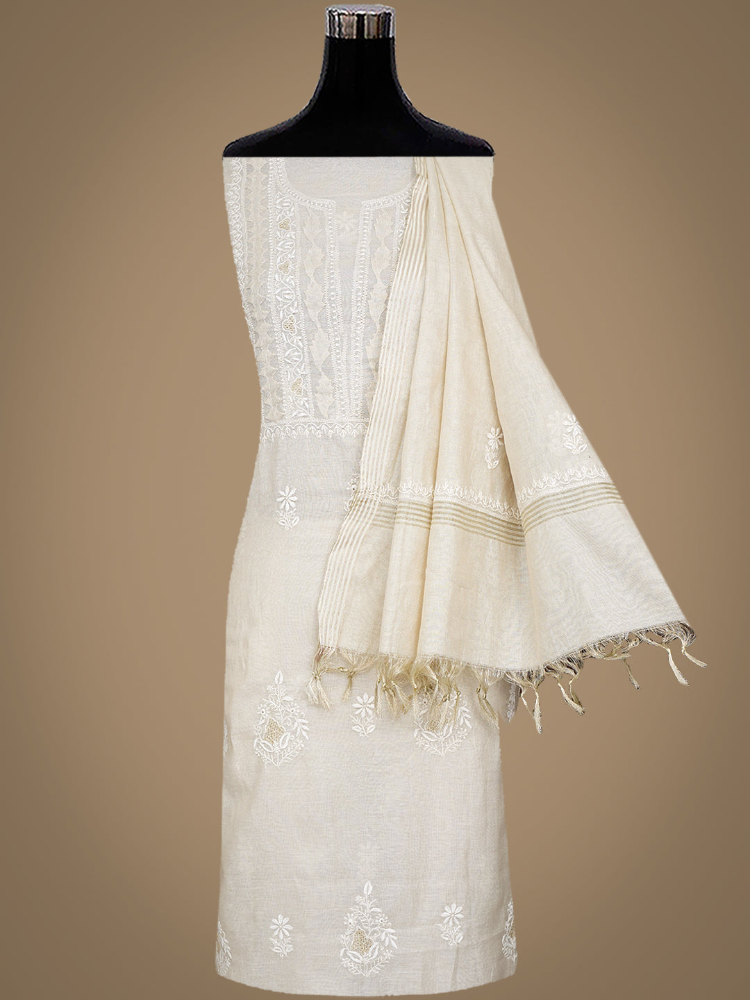Ada Hand Embroidered Fawn Tissue Lucknowi Chikankari Unstitched Suit Piece 01A998950
