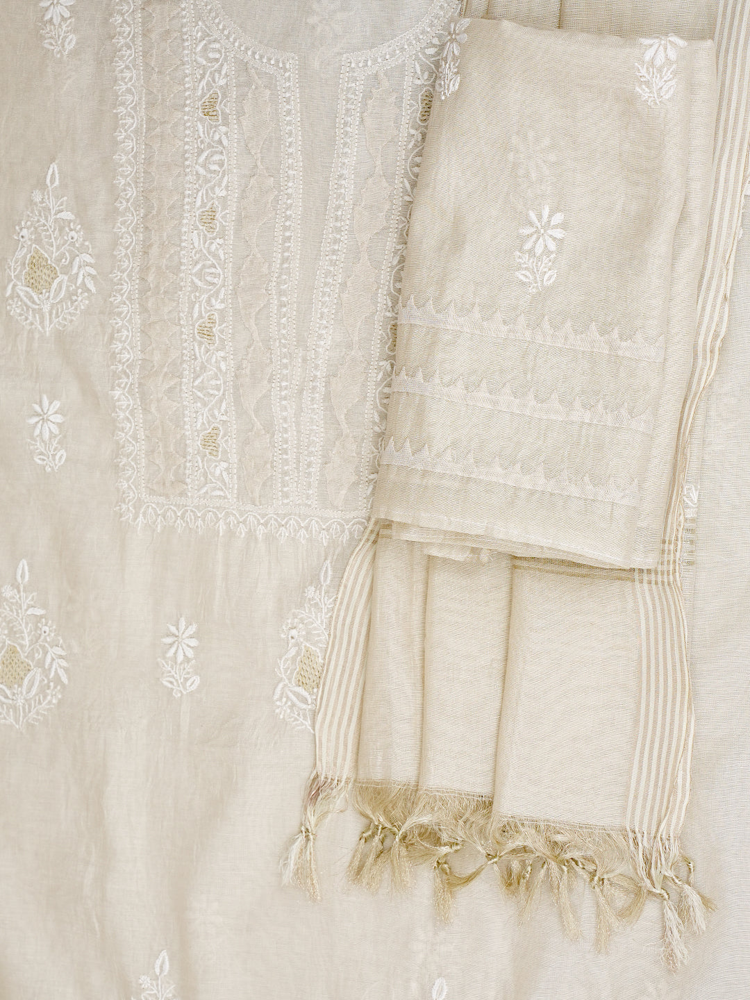 Ada Hand Embroidered Fawn Tissue Lucknowi Chikankari Unstitched Suit Piece 01A998950