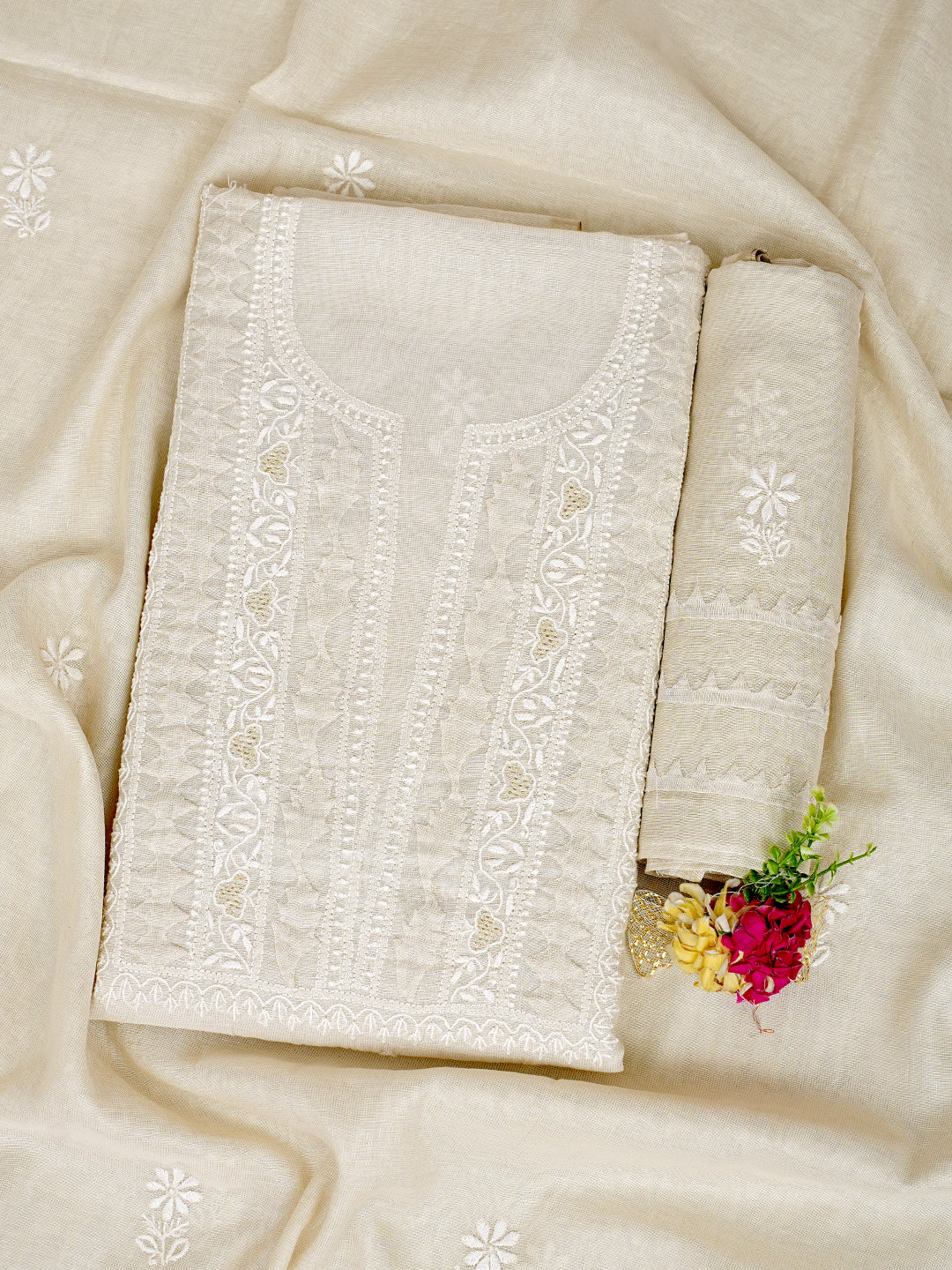 Ada Hand Embroidered Fawn Tissue Lucknowi Chikankari Unstitched Suit Piece 01A998950