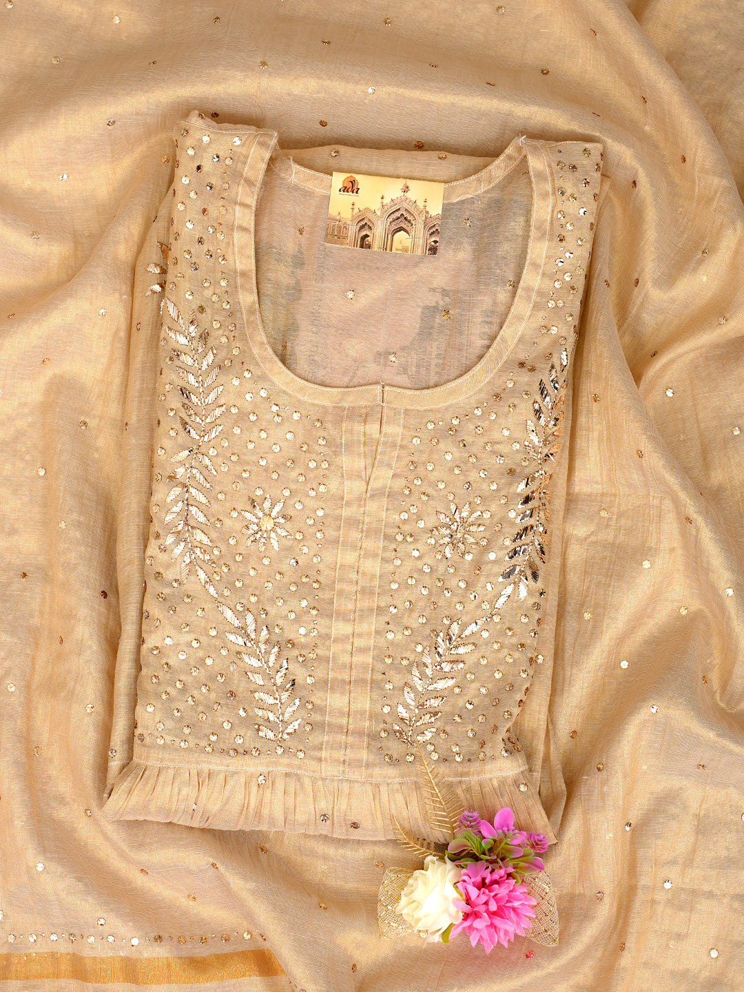 Ada Hand Embroidered Fawn Tissue Semi-Stitched A-line Kurta Dupatta Set With Muqaish/Mukaish Work 01A970302