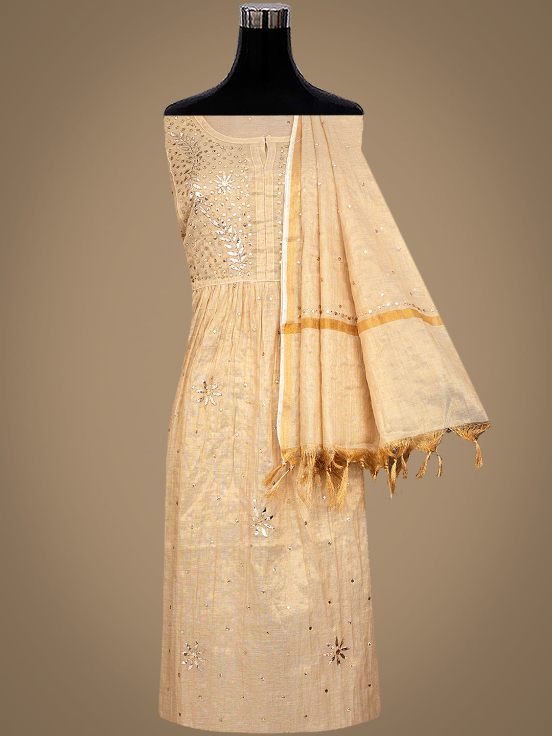 Ada Hand Embroidered Fawn Tissue Semi-Stitched A-line Kurta Dupatta Set With Muqaish/Mukaish Work 01A970302