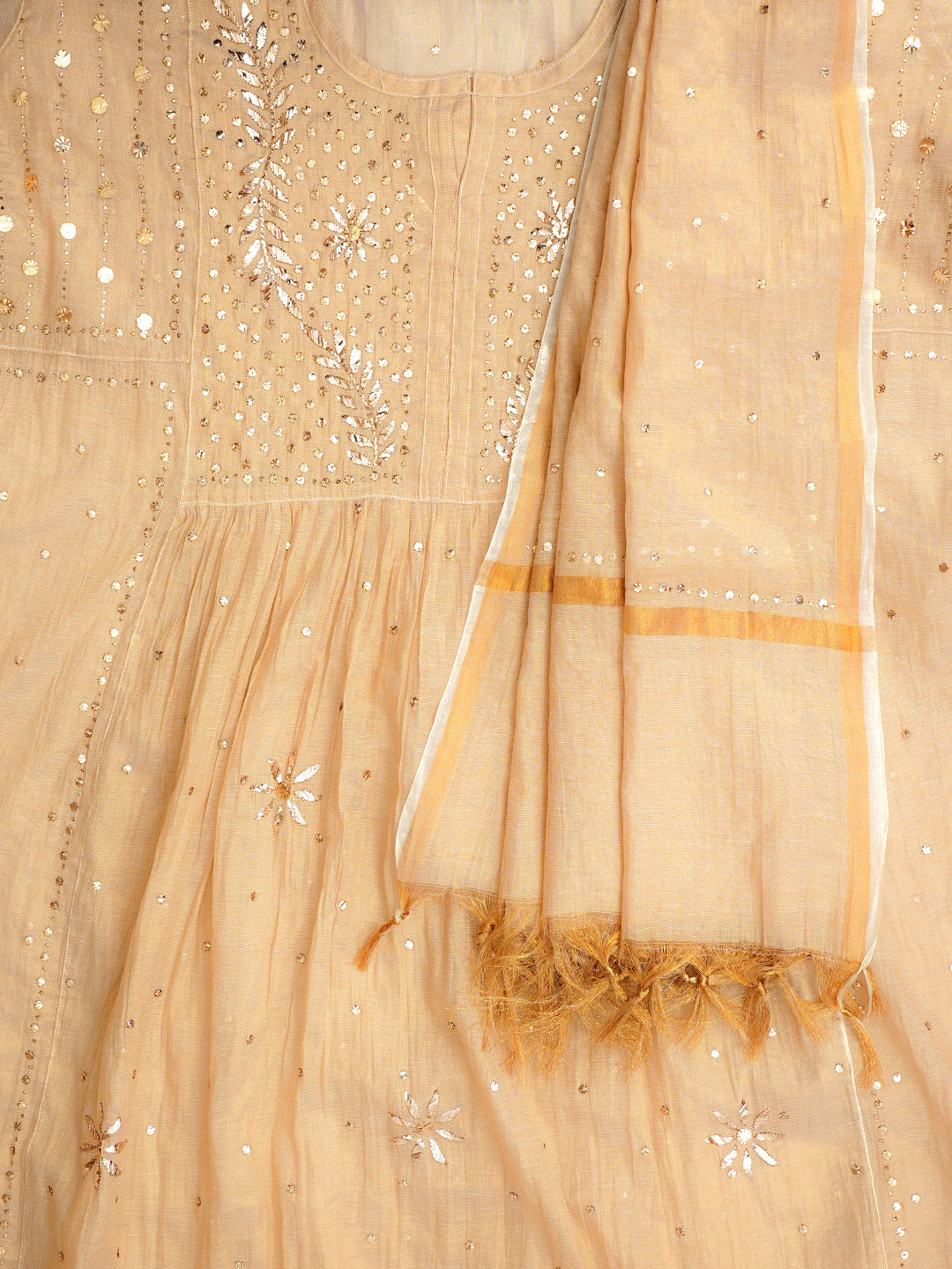 Ada Hand Embroidered Fawn Tissue Semi-Stitched A-line Kurta Dupatta Set With Muqaish/Mukaish Work 01A970302